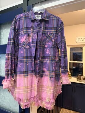 Purple & Pink Plaid Frayed Hem Button-Up Shirt Jacket
